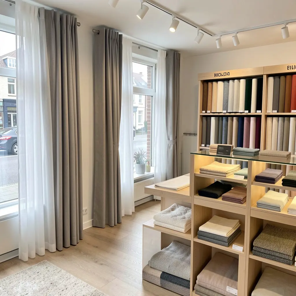 Vårt showroom med gardiner og persienner